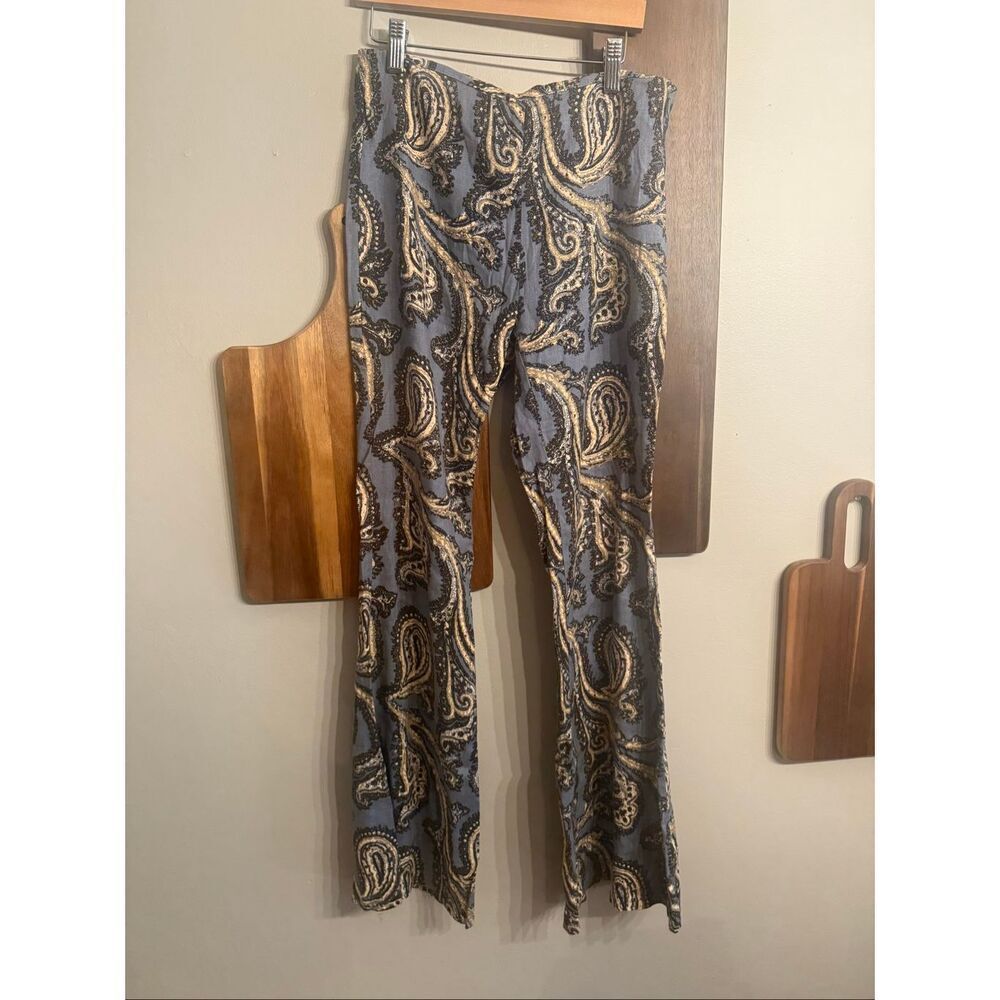 Free People Blue Combo High Rise Linen Blend Paisley Print Flare Pants Size XS